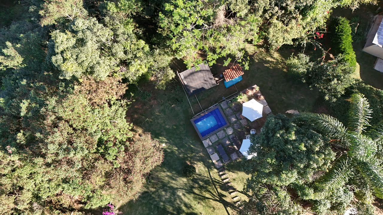 Vista aérea da piscina cercada por mata nativa
